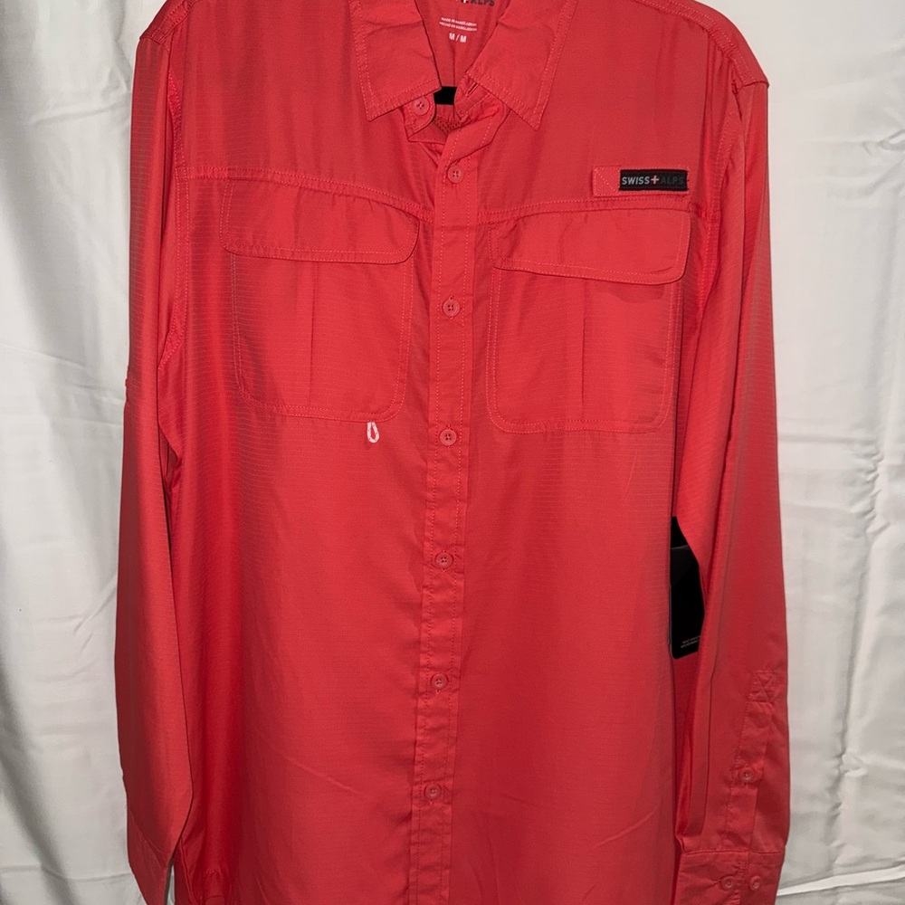 Red Casual Button Down Shirt with Collared Neckline